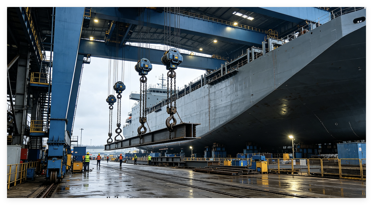 Latest company Cases about CASE STUDY: Electrical Chain Hoists Powering the World's Largest Shipyard Base